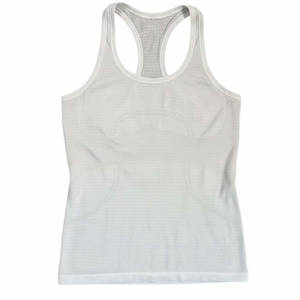 LULULEMON white & gray texture stripe logo front racerback tank top size Small